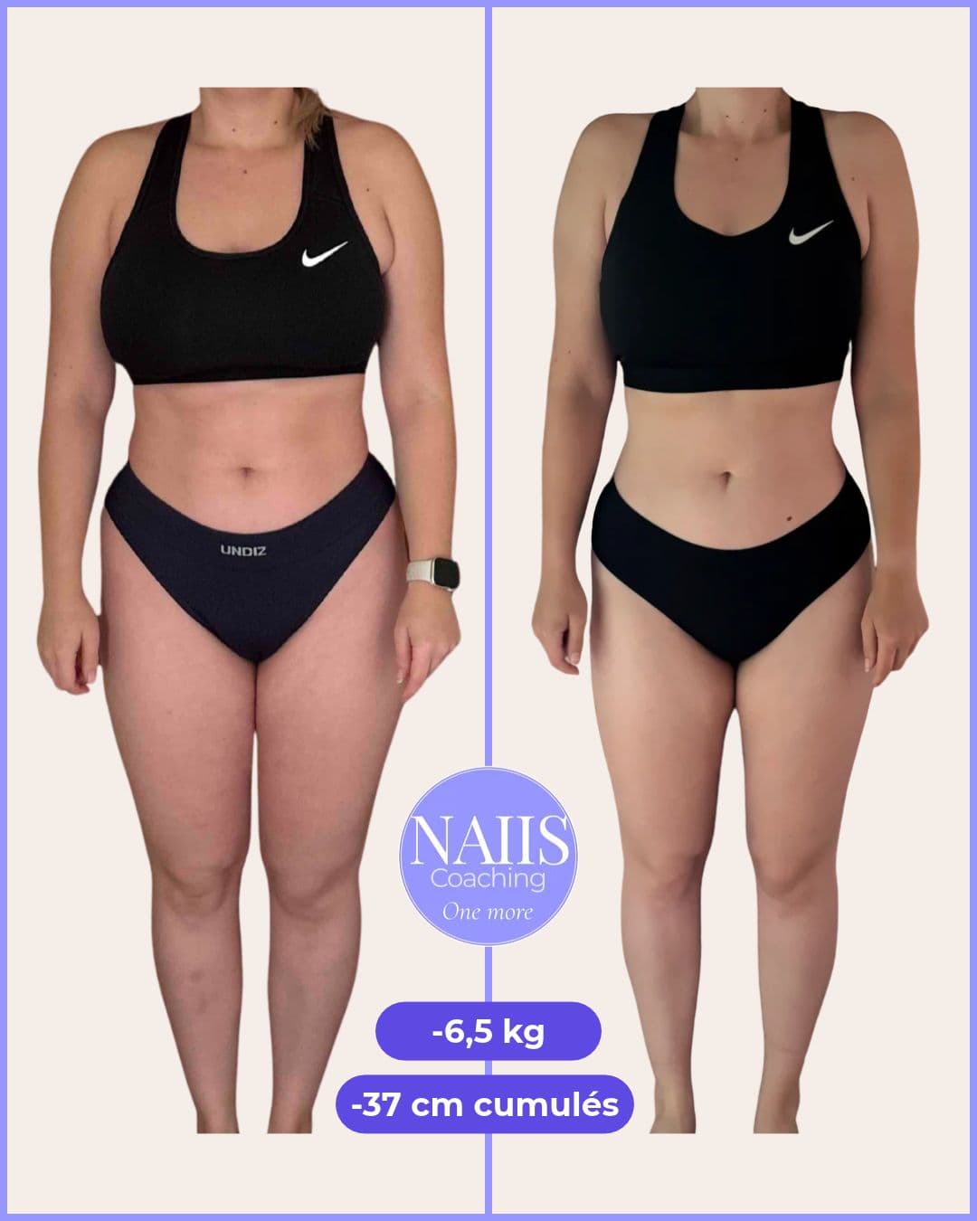 Résultat cliente : 1 an et demi d'accompagnement, -6,5 kg et 37,5 cm cumulés de perdus.