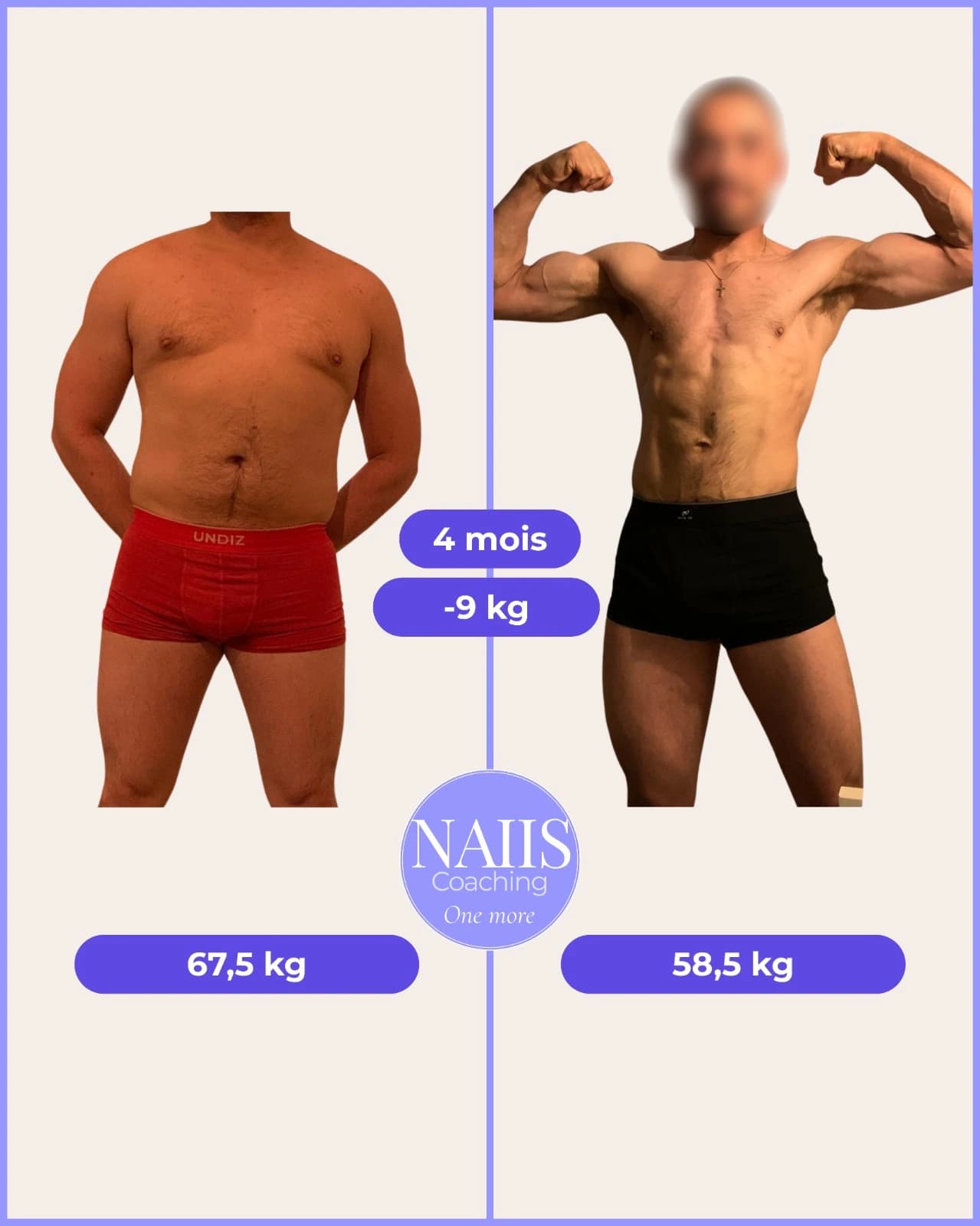 Résultat client : 4 mois d’accompagnement, de 67,5 kg à 58,5 kg, soit −9 kg.