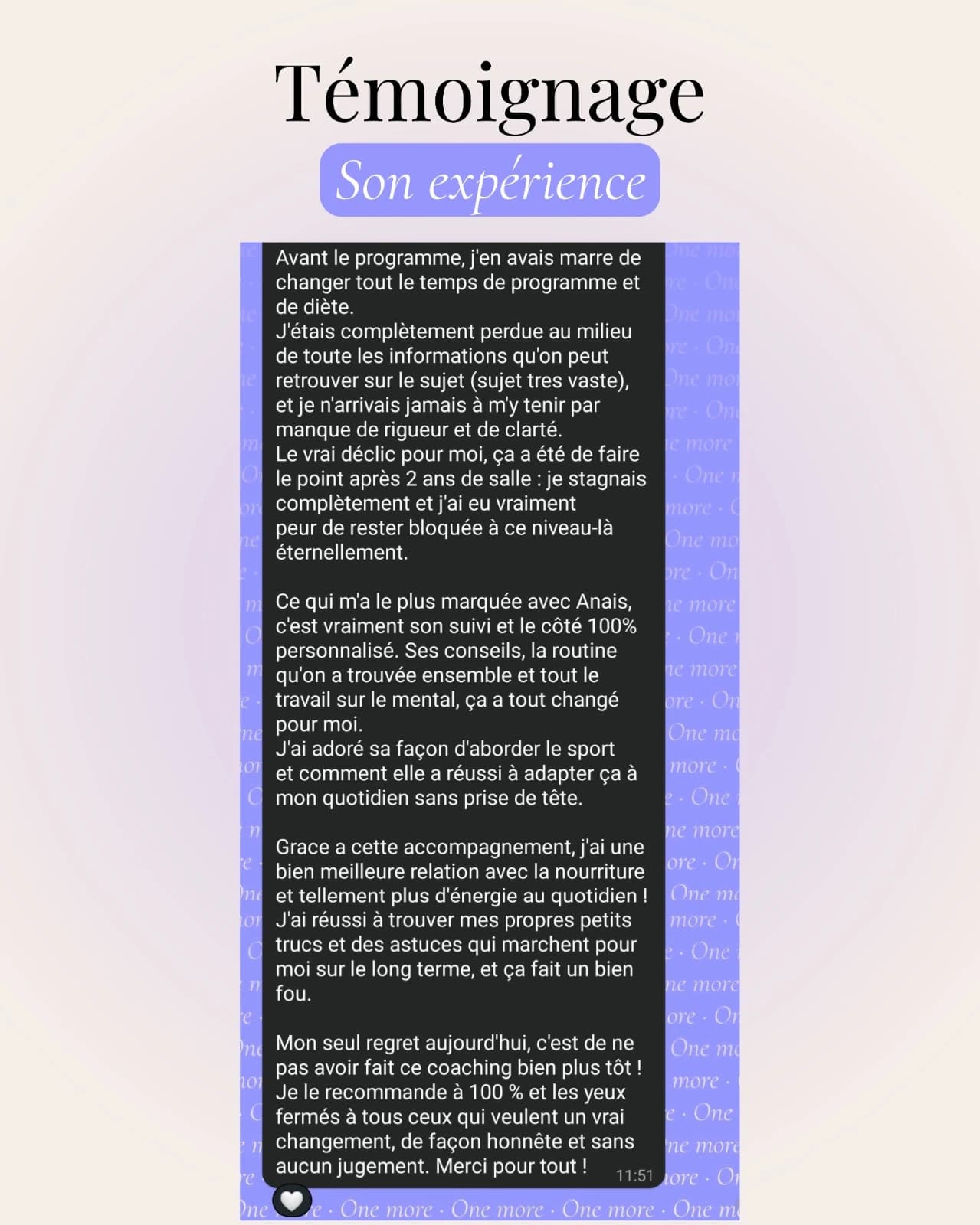 Témoignage : perdue entre les régimes et les programmes trouvés en ligne avant le coaching, elle décrit un suivi entièrement personnalisé et une bien meilleure relation avec la nourriture.