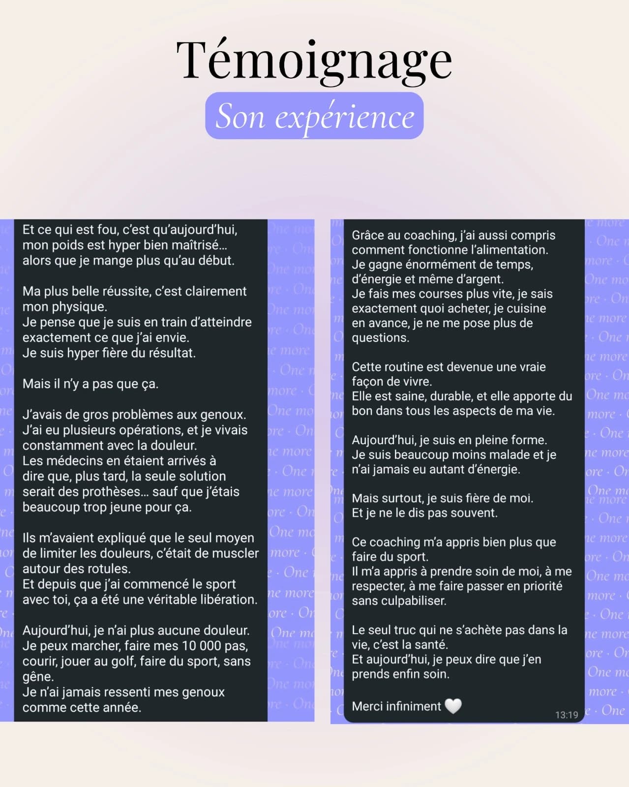 Témoignage : un poids maîtrisé tout en mangeant plus qu’au début, et des douleurs de genoux disparues après plusieurs opérations.